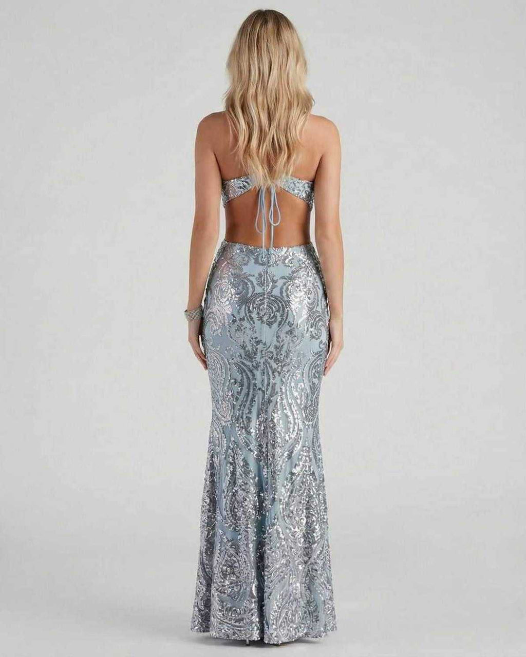 Celeste Maxi Dress by Lauven, showcasing a stunning sequin design with a mermaid silhouette and back view.