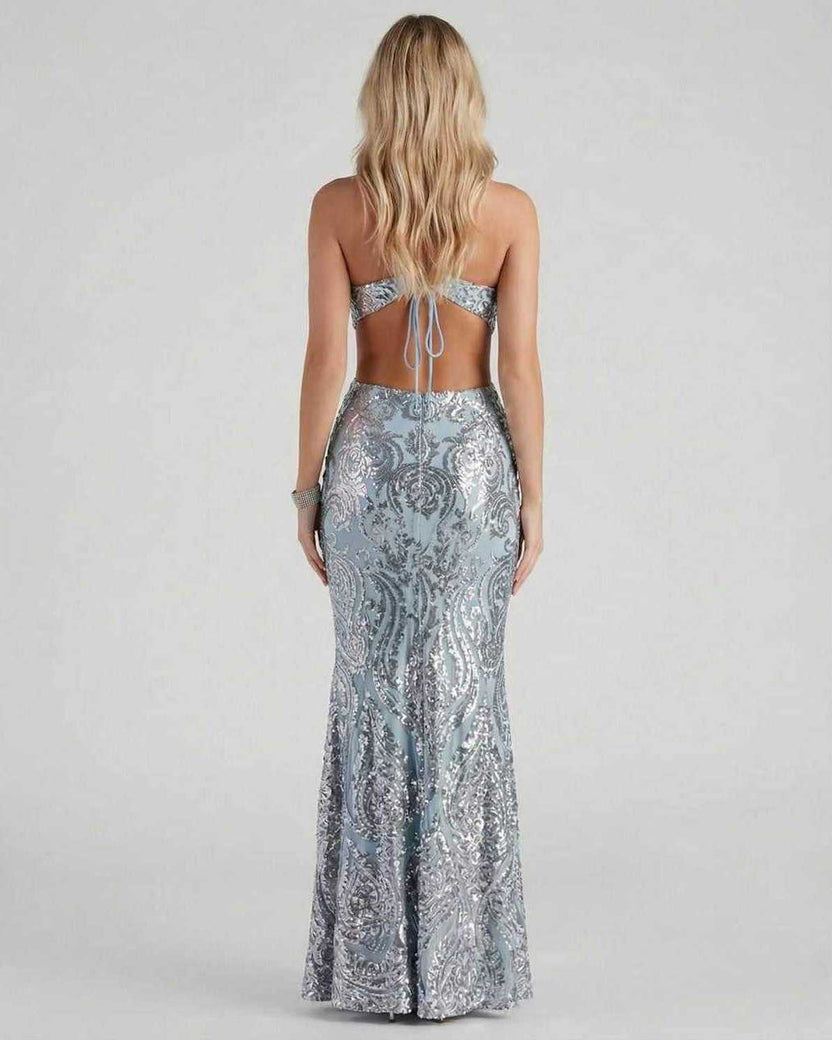Celeste Maxi Dress by Lauven, showcasing a stunning sequin design with a mermaid silhouette and back view.