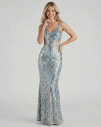 Celeste Maxi Dress by Lauven, elegant sequin evening gown in blue with mermaid silhouette and V-neckline.