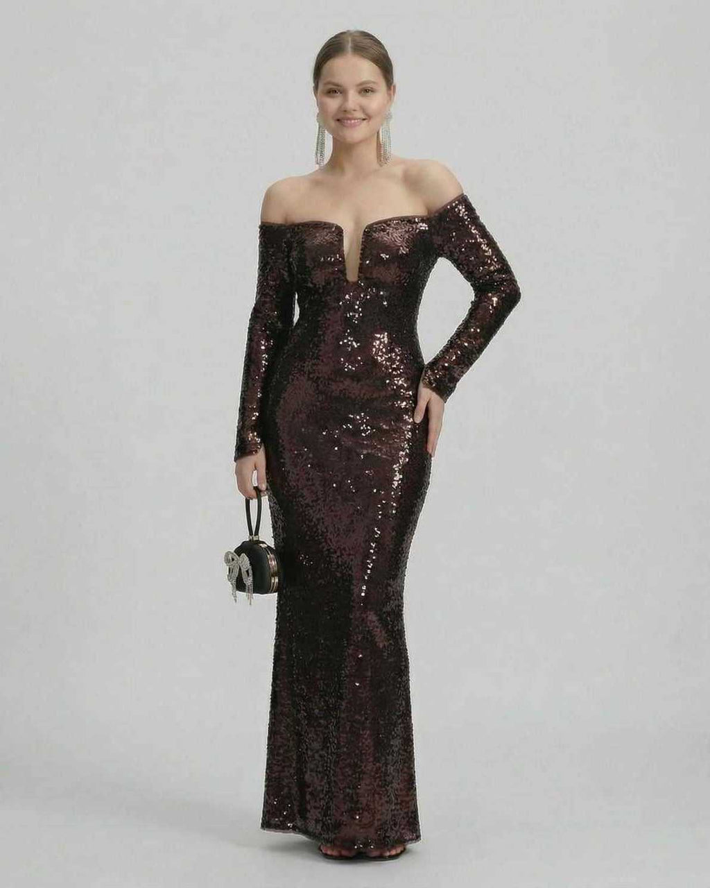 Celeste Maxi Dress by Lauven, elegant off-shoulder evening gown with sequins in deep brown.