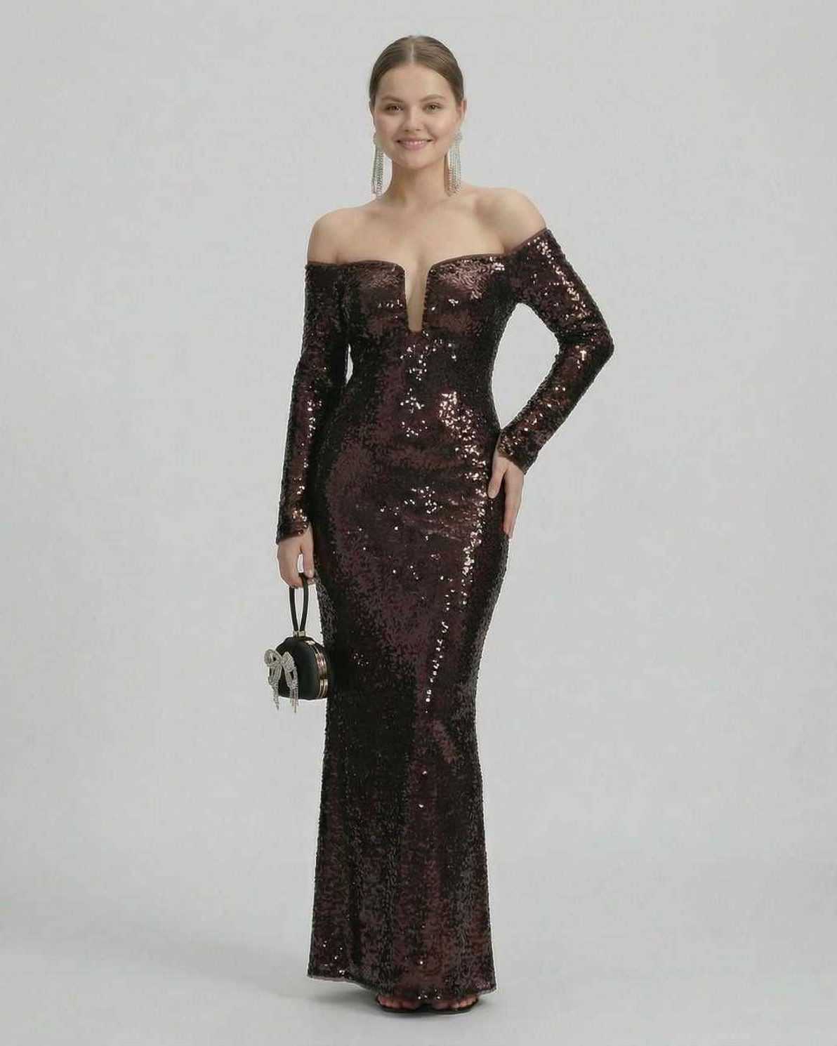 Celeste Maxi Dress by Lauven, elegant off-shoulder evening gown with sequins in deep brown.