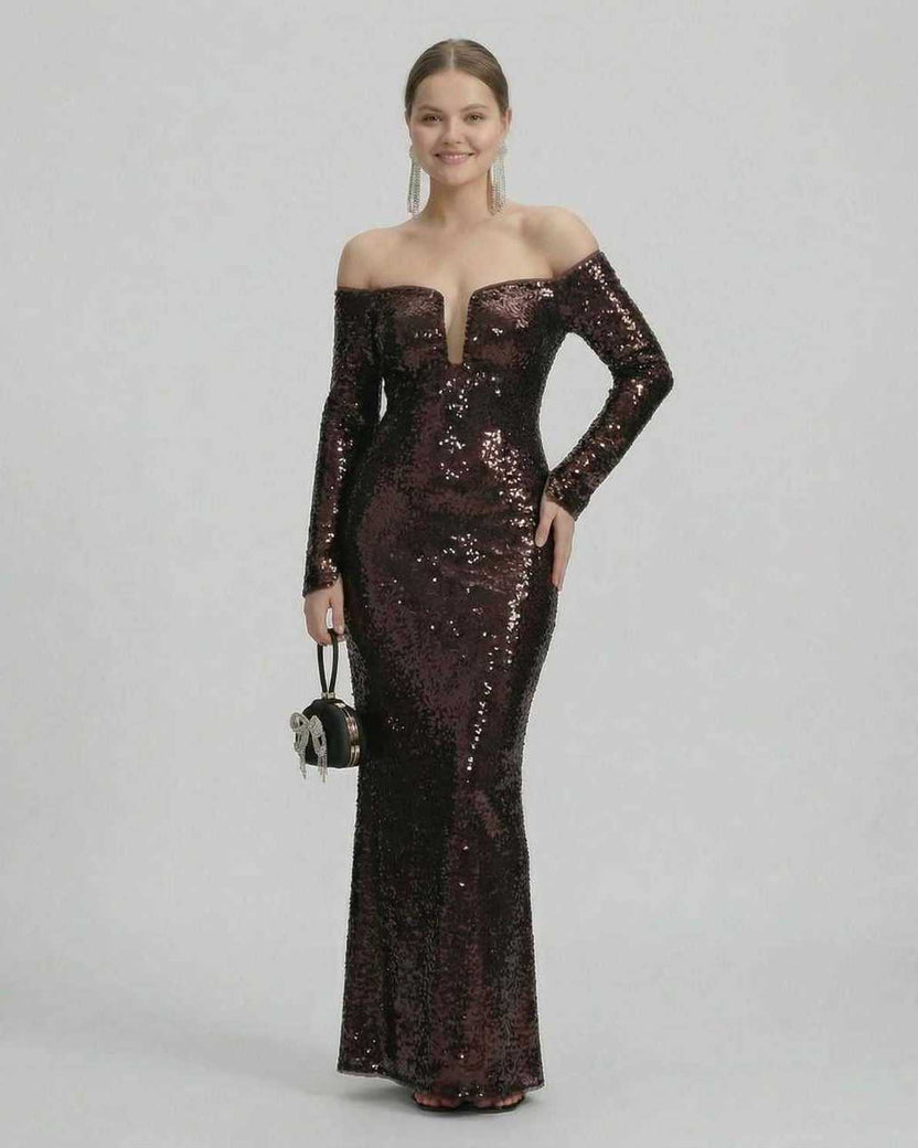 Celeste Maxi Dress by Lauven, elegant off-shoulder evening gown with sequins in deep brown.