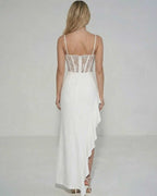 Back view of Celeste Maxi Dress by Lauven showcasing sheer lace bodice and ruffled skirt detail.