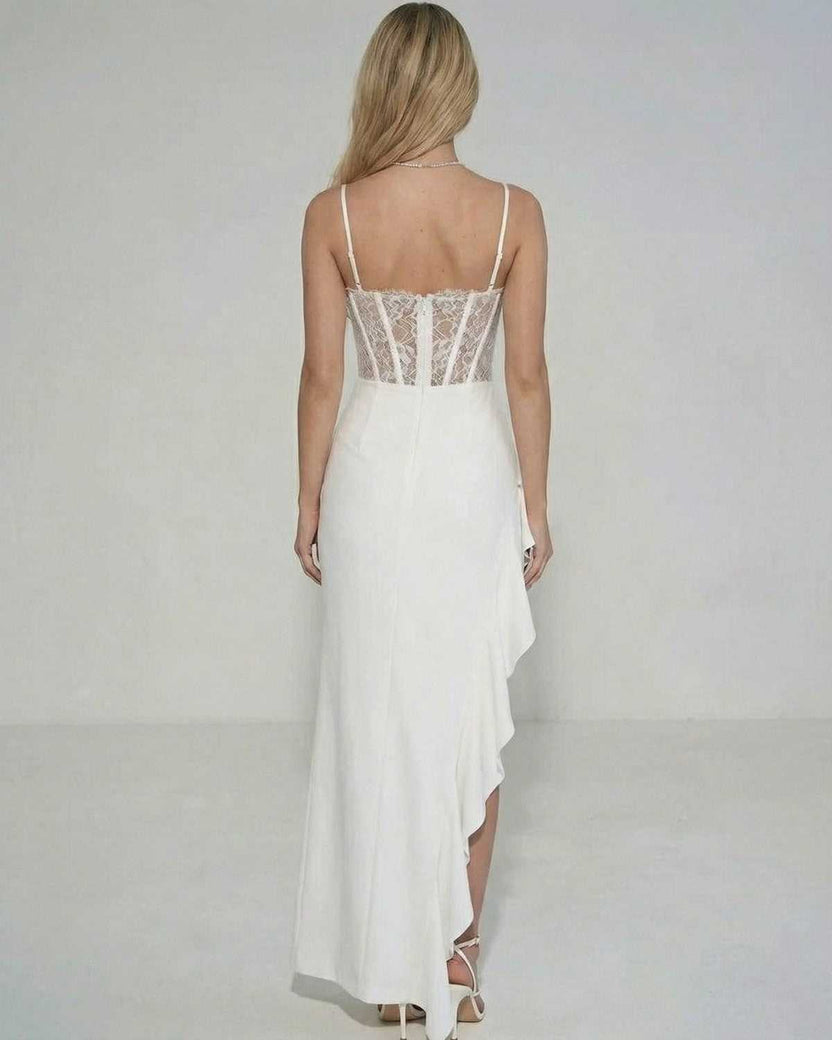 Back view of Celeste Maxi Dress by Lauven showcasing sheer lace bodice and ruffled skirt detail.