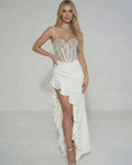 Celeste Maxi Dress by Lauven featuring a sheer lace bodice and ruffled asymmetrical skirt.