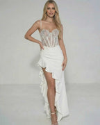 Celeste Maxi Dress by Lauven featuring a sheer lace bodice and ruffled asymmetrical skirt.