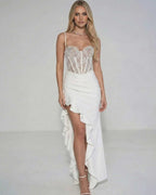Celeste Maxi Dress by Lauven featuring sheer lace bodice and ruffled asymmetrical skirt, perfect for elegant evenings.