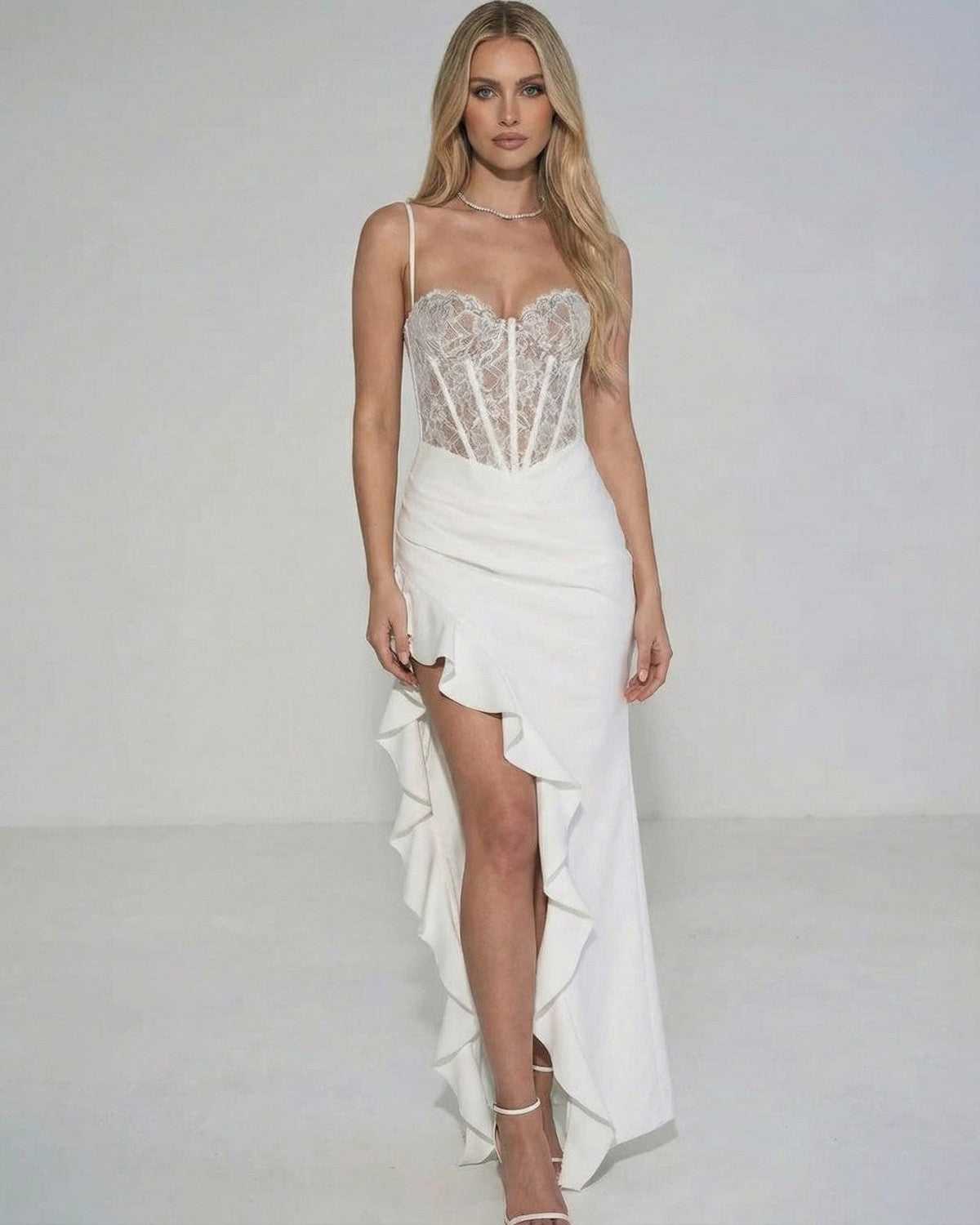 Celeste Maxi Dress by Lauven featuring sheer lace bodice and ruffled asymmetrical skirt, perfect for elegant evenings.