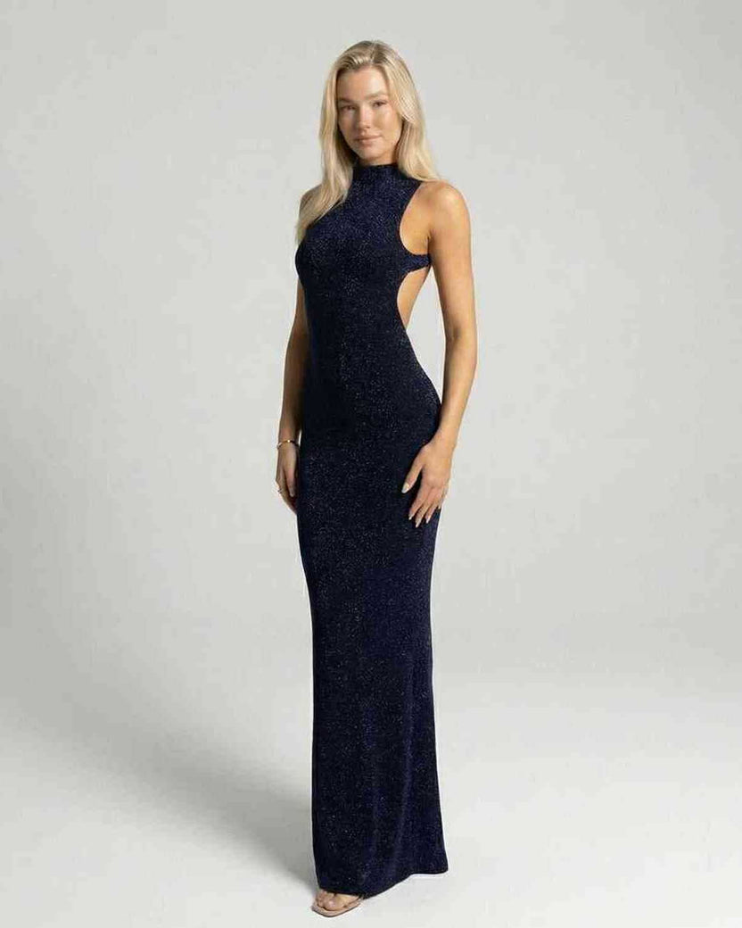Celeste Maxi Dress by Lauven, sleek navy evening gown with a high stand neckline and sleeveless design.