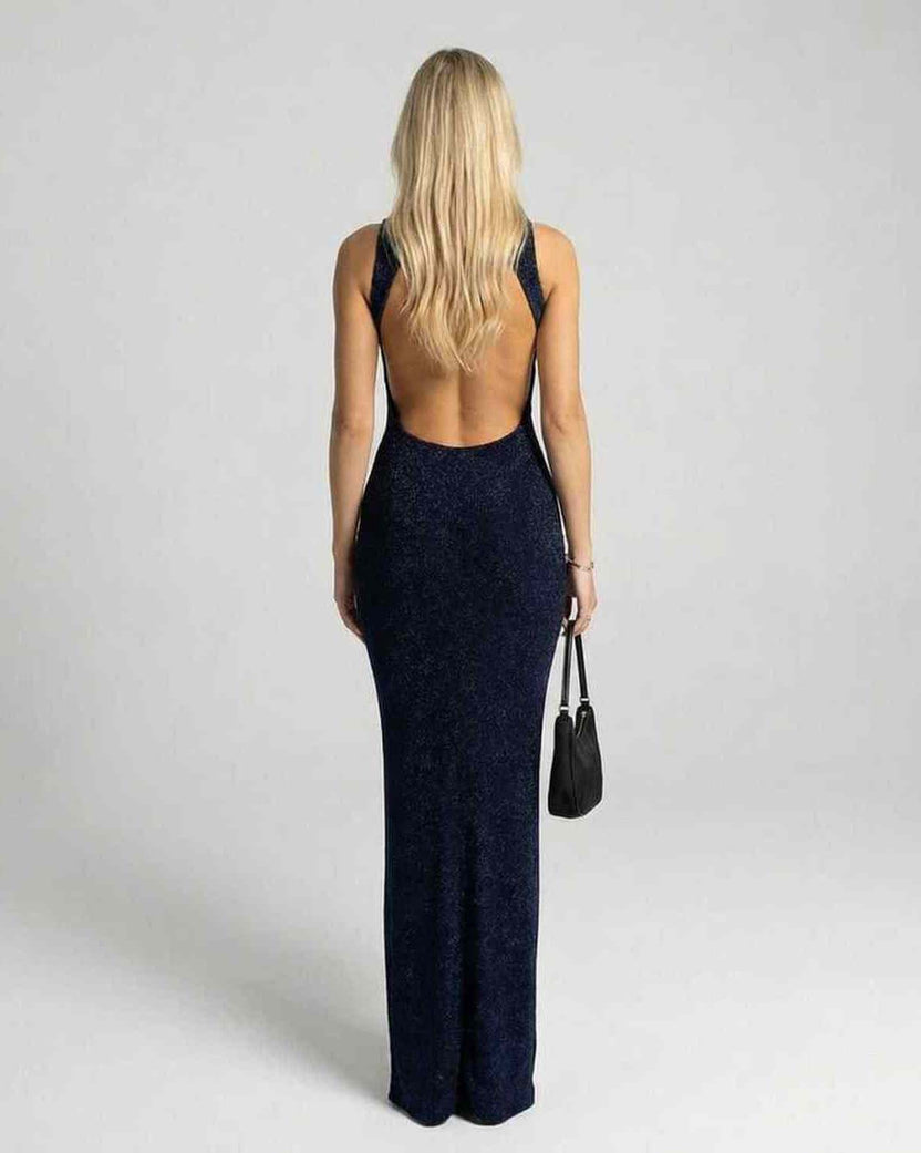 Celeste Maxi Dress by Lauven, a navy sleeveless evening gown showcasing a stylish back and sleek silhouette.