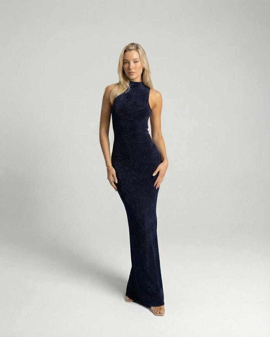 Celeste Maxi Dress by Lauven, sleek navy sleeveless gown with shimmering finish, perfect for evening occasions.
