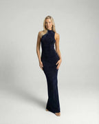 Celeste Maxi Dress by Lauven, sleek navy sleeveless gown with shimmering finish, perfect for evening occasions.