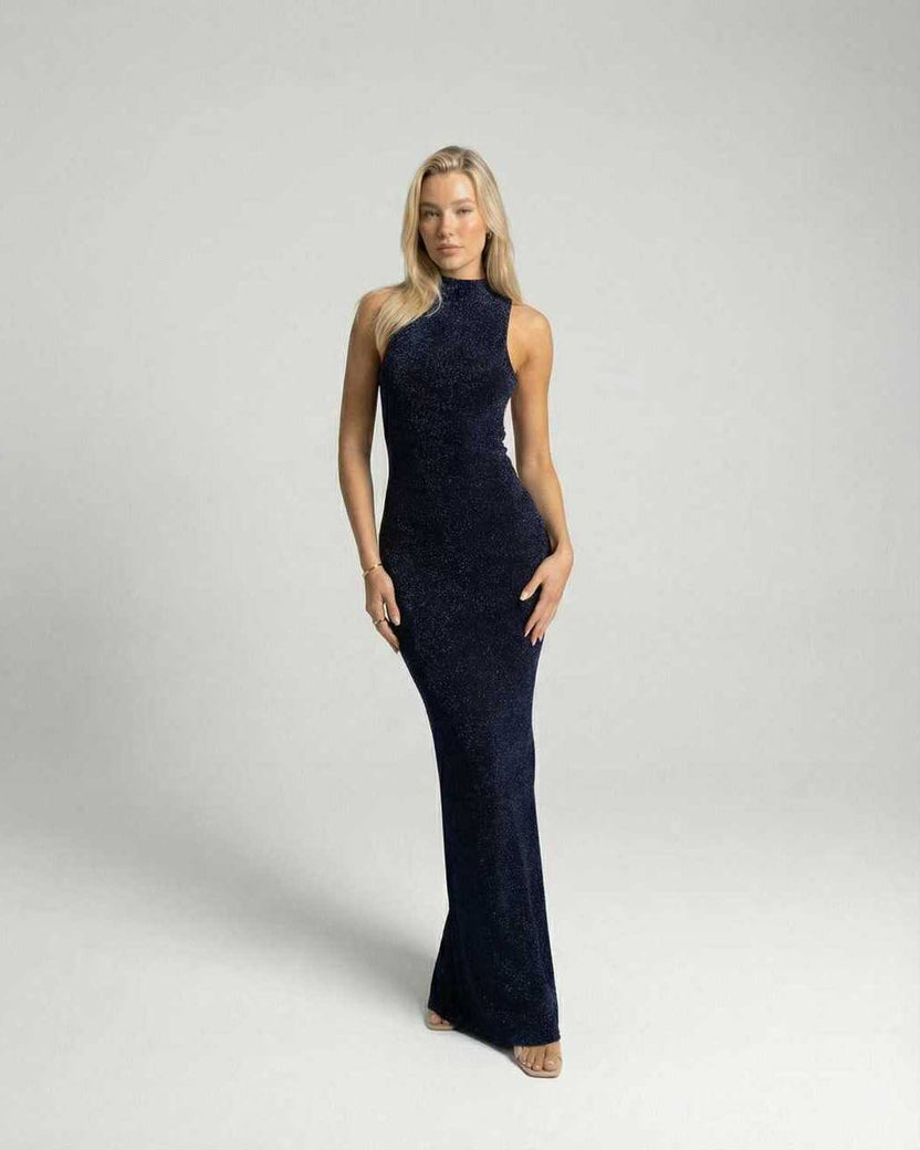 Celeste Maxi Dress by Lauven, sleek navy sleeveless gown with shimmering finish, perfect for evening occasions.