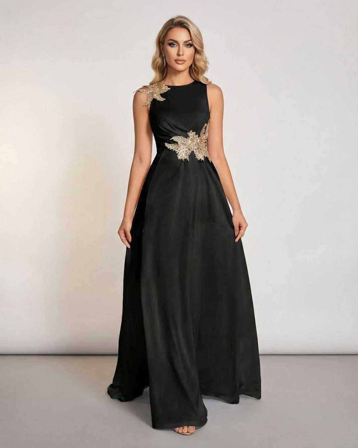 Celeste Maxi Dress by Lauven - Elegant sleeveless black maxi dress with patchwork detail and flowing silhouette.