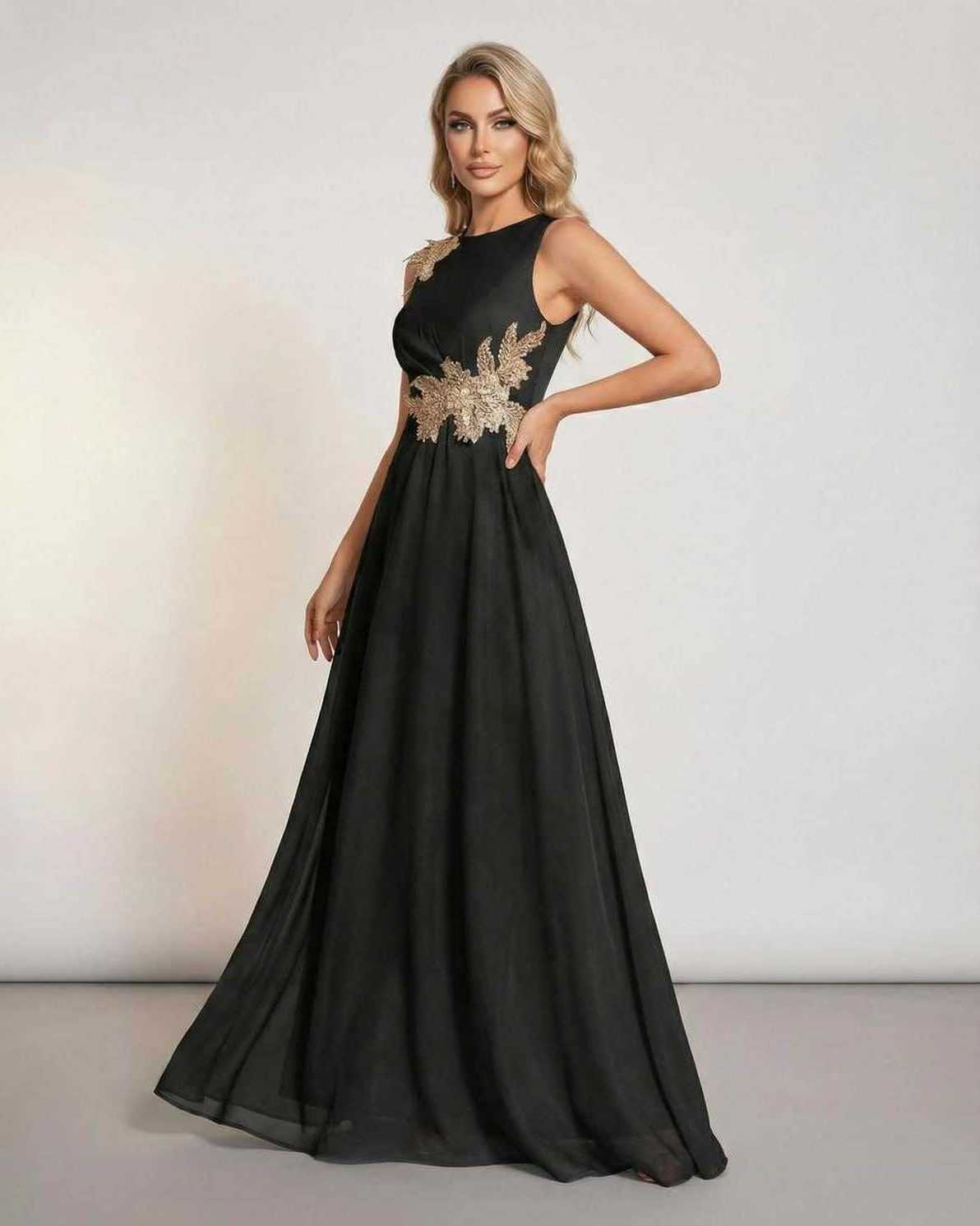 Celeste Maxi Dress by Lauven, featuring a sleeveless black design with elegant patchwork detail and flowing silhouette.