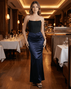 Celeste Maxi Dress by Lauven, strapless satin sheath with an empire waist, perfect for evening elegance.