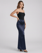 Lauven Celeste Maxi Dress in strapless satin with empire waist, featuring sleek silhouette and elegant design.