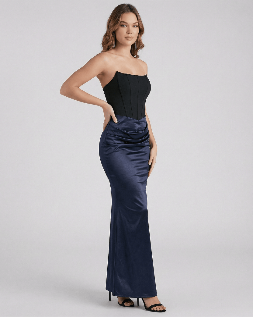 Lauven Celeste Maxi Dress in strapless satin with empire waist, featuring sleek silhouette and elegant design.