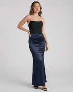 Celeste Maxi Dress by Lauven, strapless satin sheath with empire waist in elegant navy for evening styling.