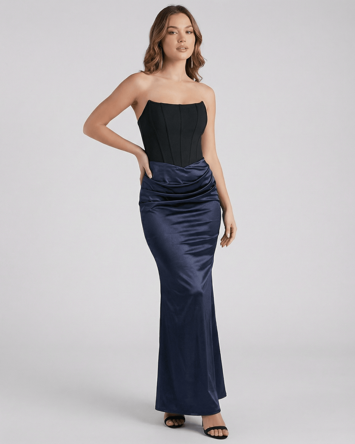 Celeste Maxi Dress by Lauven, strapless satin sheath with empire waist in elegant navy for evening styling.