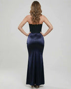 Celeste Maxi Dress by Lauven, showing back view of strapless satin sheath with empire waistline.