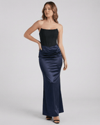 Celeste Maxi Dress by Lauven, elegant strapless satin sheath with empire waist, perfect for evening styling.