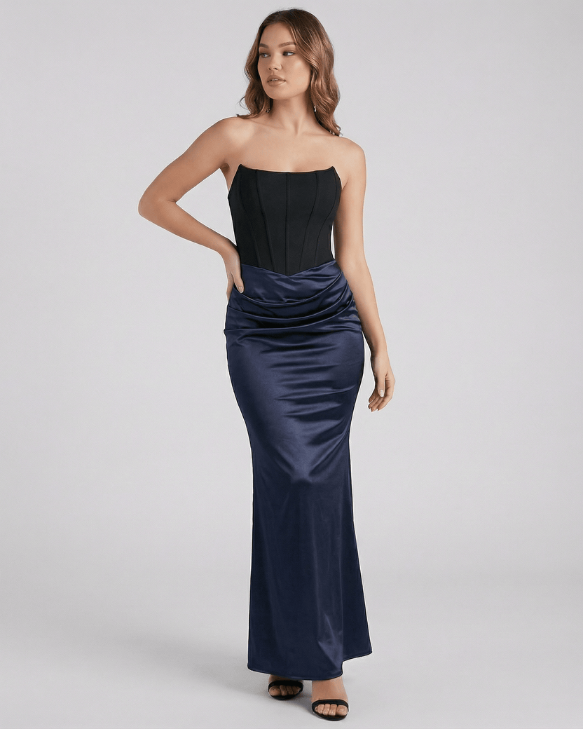 Celeste Maxi Dress by Lauven, elegant strapless satin sheath with empire waist, perfect for evening styling.