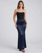 Celeste Maxi Dress by Lauven, strapless satin sheath with empire waist in elegant navy blue.