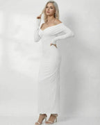Celeste Maxi Dress by Lauven in sleek off-shoulder design, showcasing a flattering fit and elegant ankle-length silhouette.