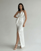 Celeste Maxi Dress by Lauven in white satin, featuring a strapless design and front slit for an elegant style.