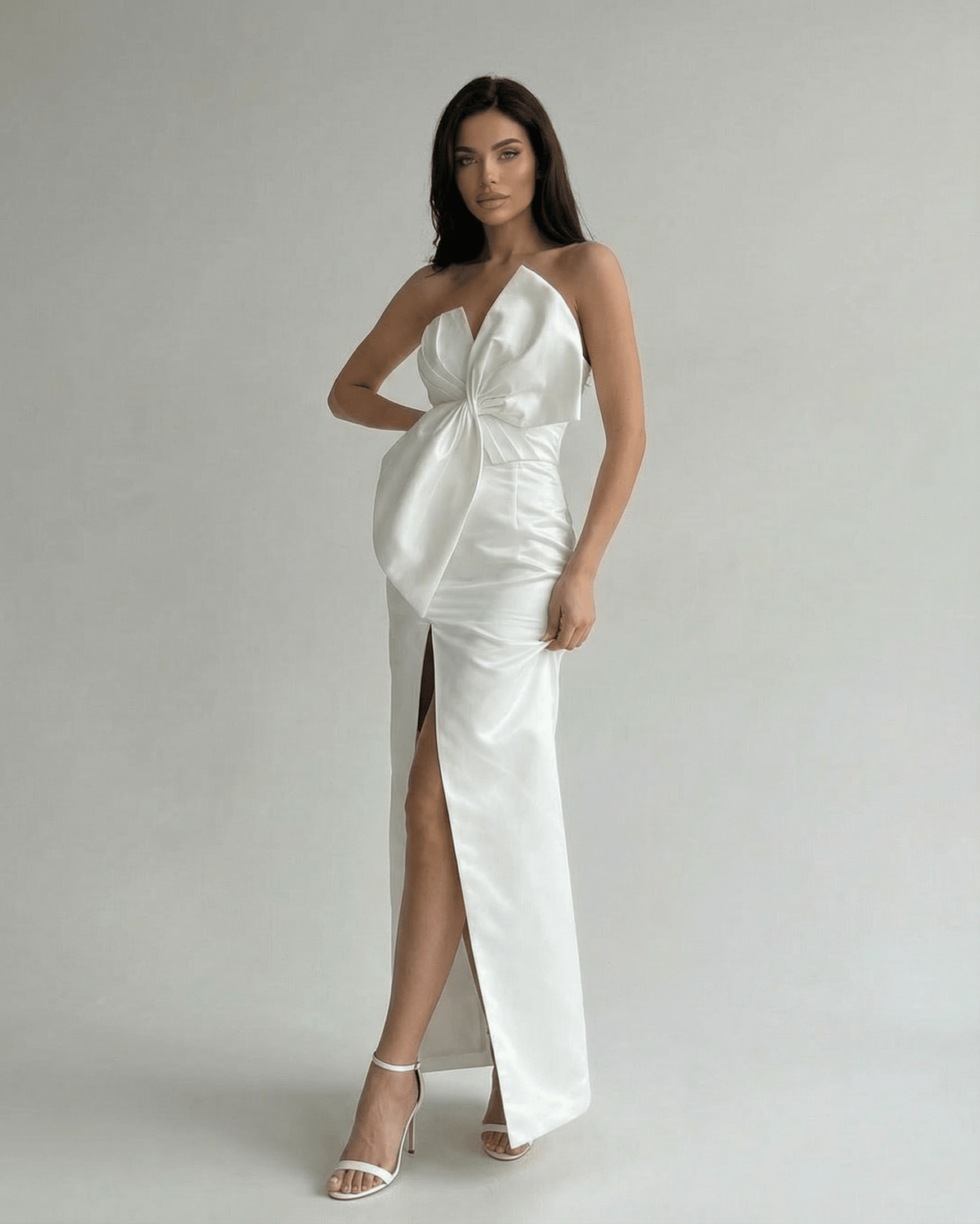 Celeste Maxi Dress by Lauven in white satin, featuring a strapless design and front slit for an elegant style.