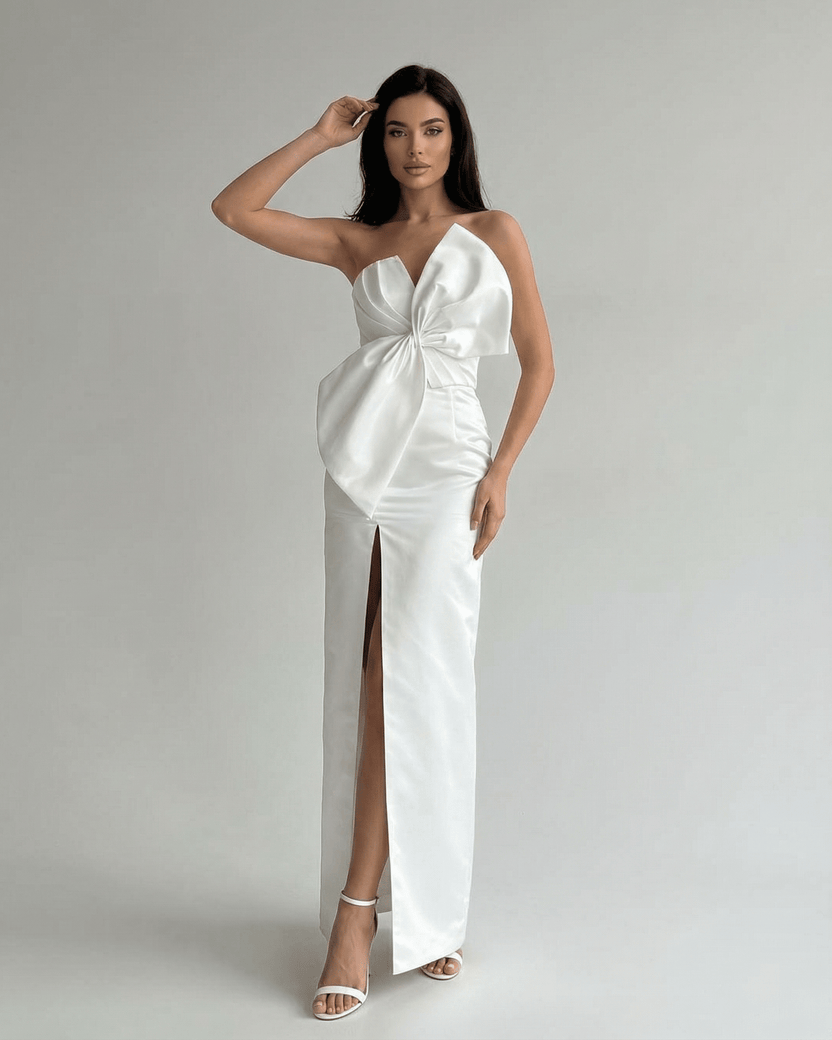 Celeste Maxi Dress by Lauven featuring a white strapless satin sheath with front slit.