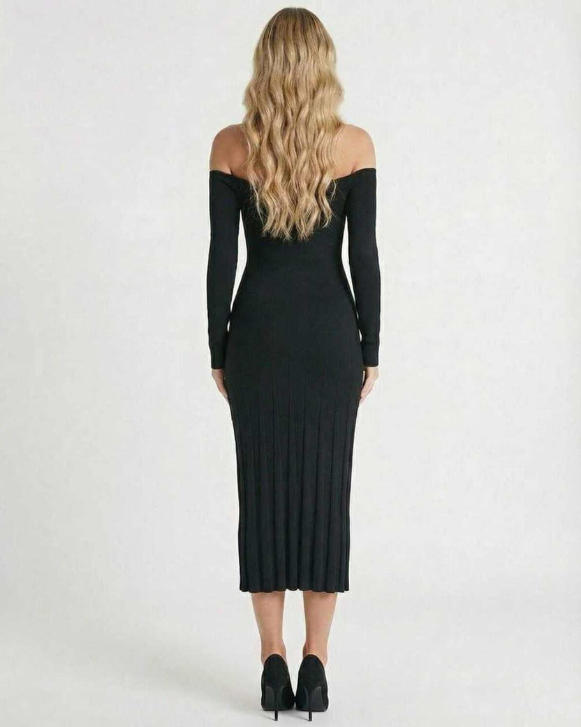 Back view of the elegant Celeste Midi Dress by Lauven showcasing its off-shoulder style and slim fit design.