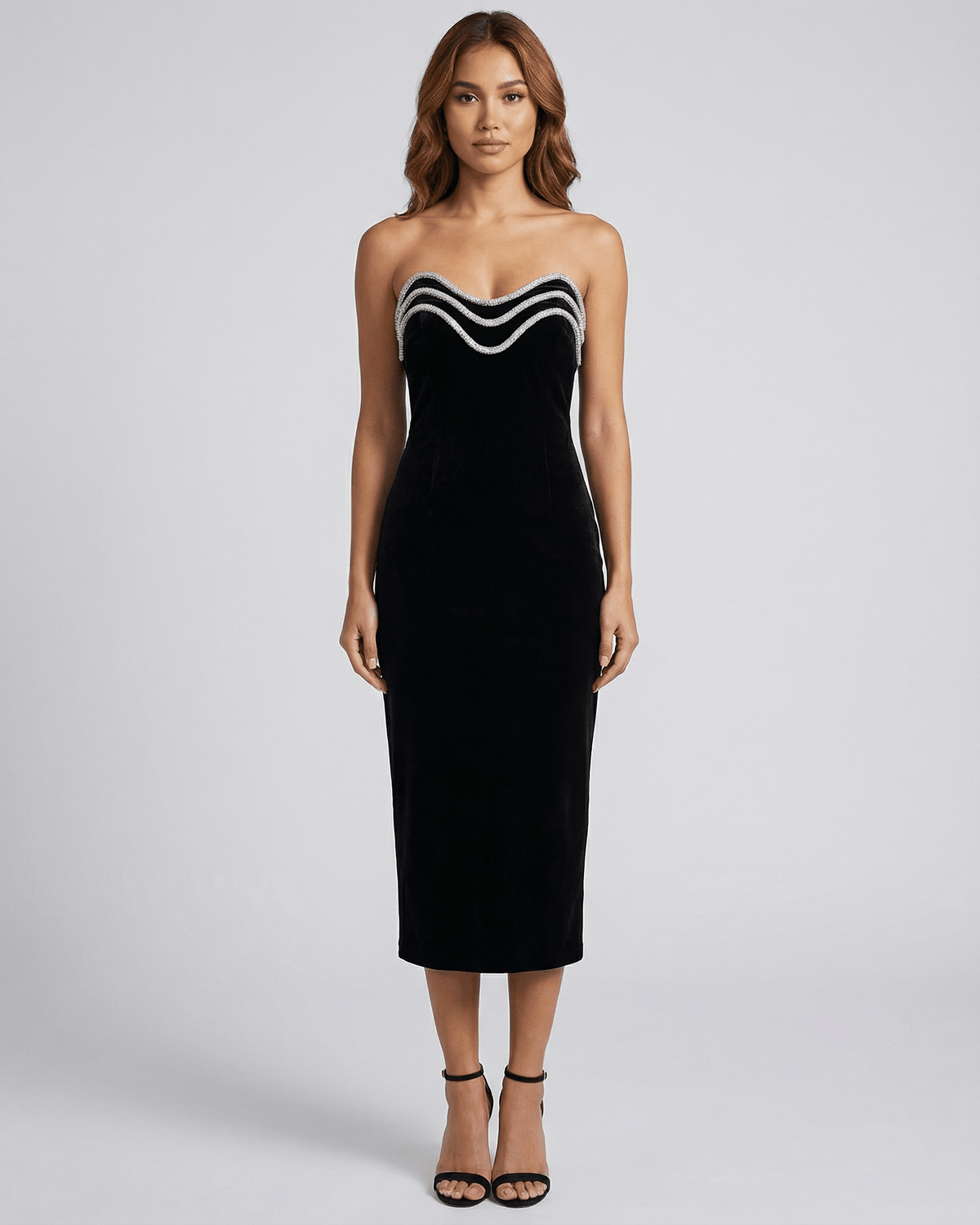 Celeste Midi Dress by Lauven, strapless sheath dress featuring a sculpting fit in elegant black fabric.
