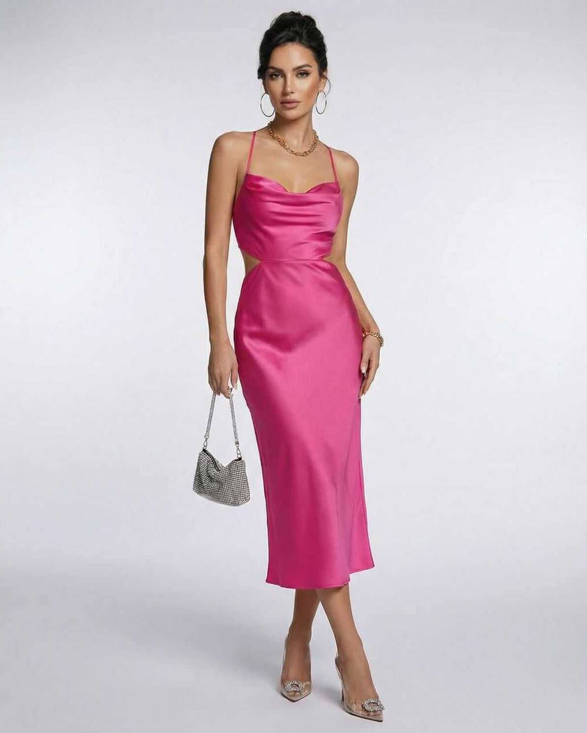 Celeste Midi Dress by Lauven in vibrant pink satin with a flattering cutout and criss-cross back, perfect for evening events.