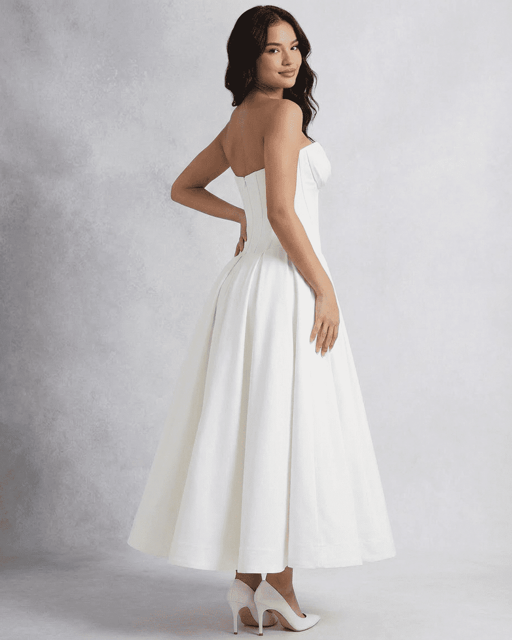 Celeste Midi Dress by Lauven featuring an elegant strapless corset design and A-line cut.