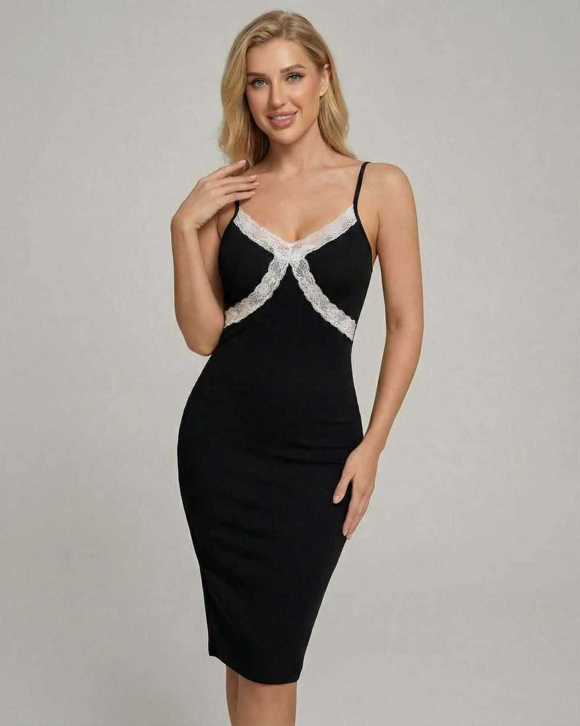 Celeste Midi Dress by Lauven featuring lace detailing, perfect for elegant evening events.