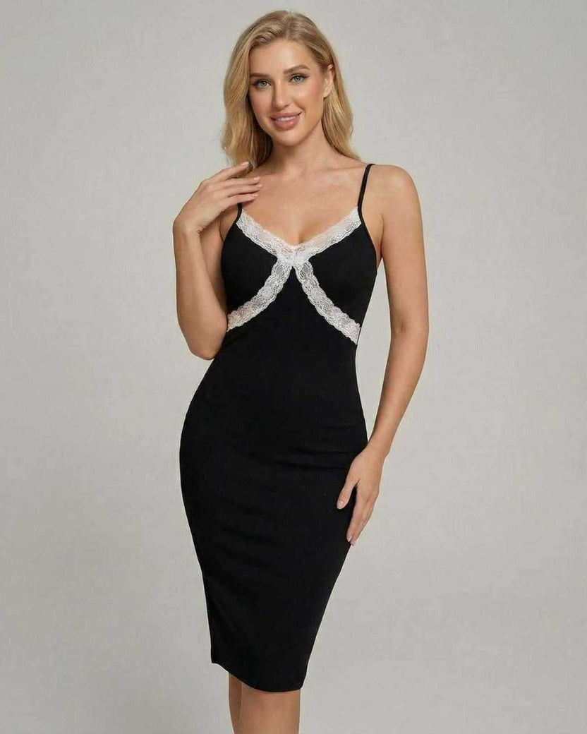 Celeste Midi Dress by Lauven featuring lace detailing, perfect for elegant evening events.