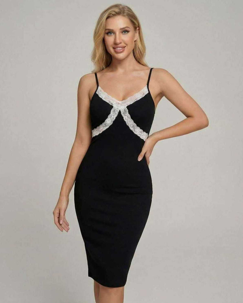 Celeste Midi Dress by Lauven featuring lace detailing, perfect for elegant occasions and stylish events.