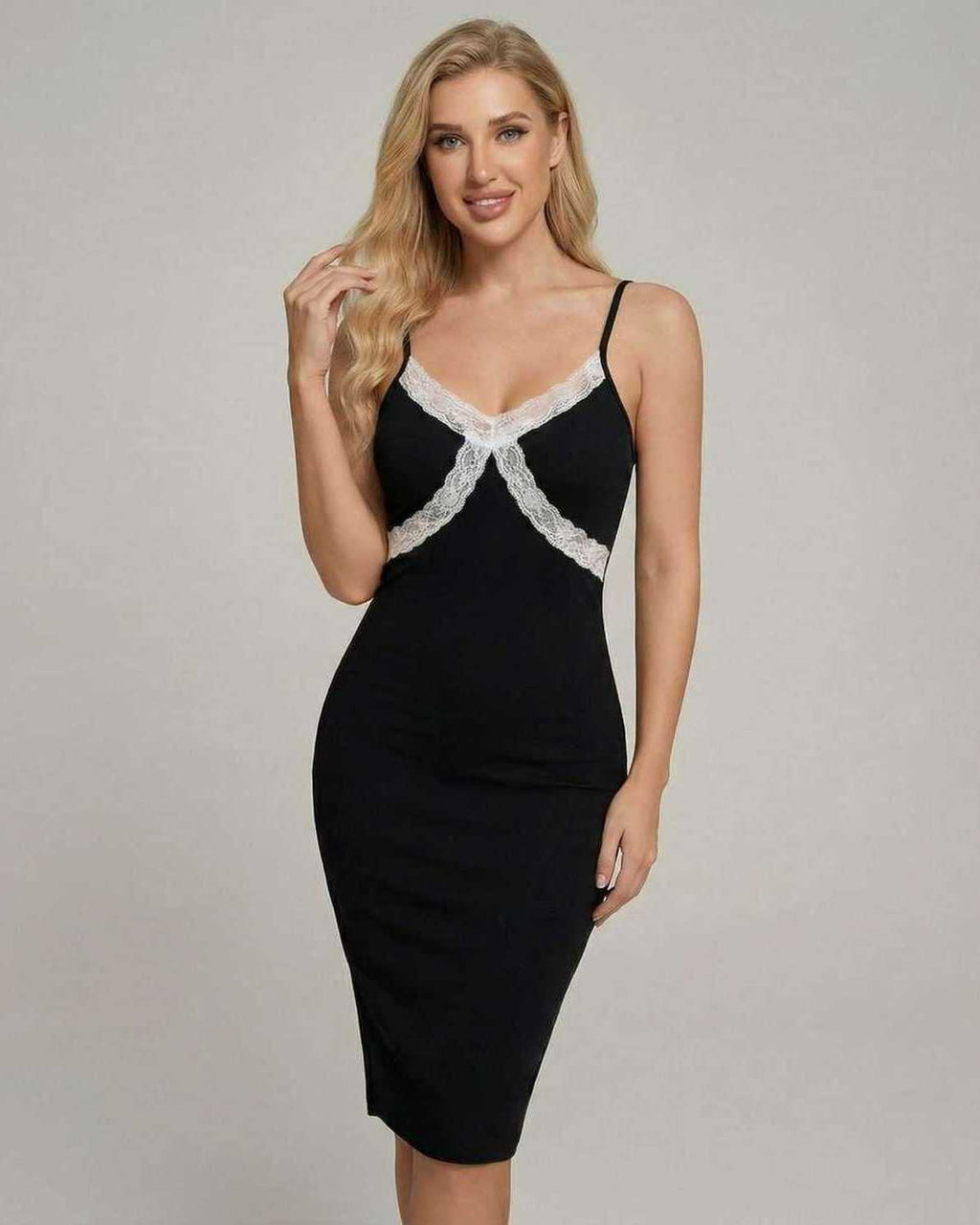 Celeste Midi Dress by Lauven featuring lace detailing, perfect for elegant events and upscale occasions.