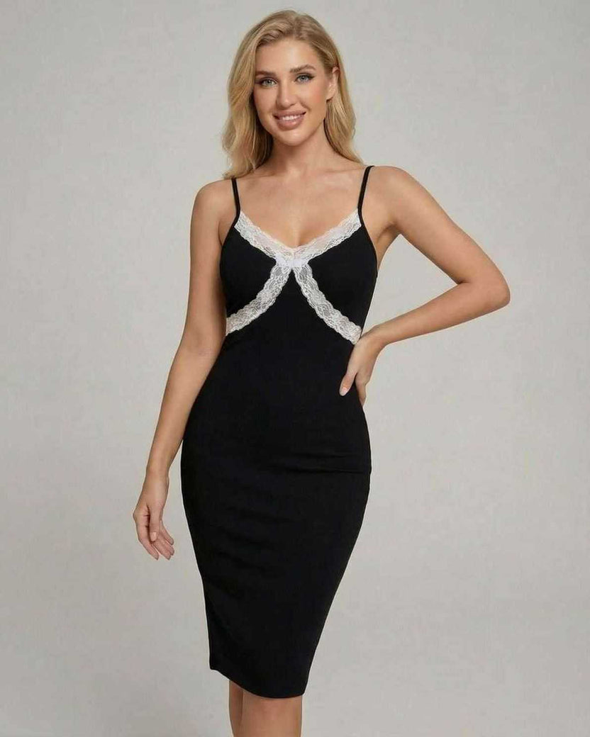 Celeste Midi Dress by Lauven featuring lace detailing, perfect for elegant occasions and upscale gatherings.