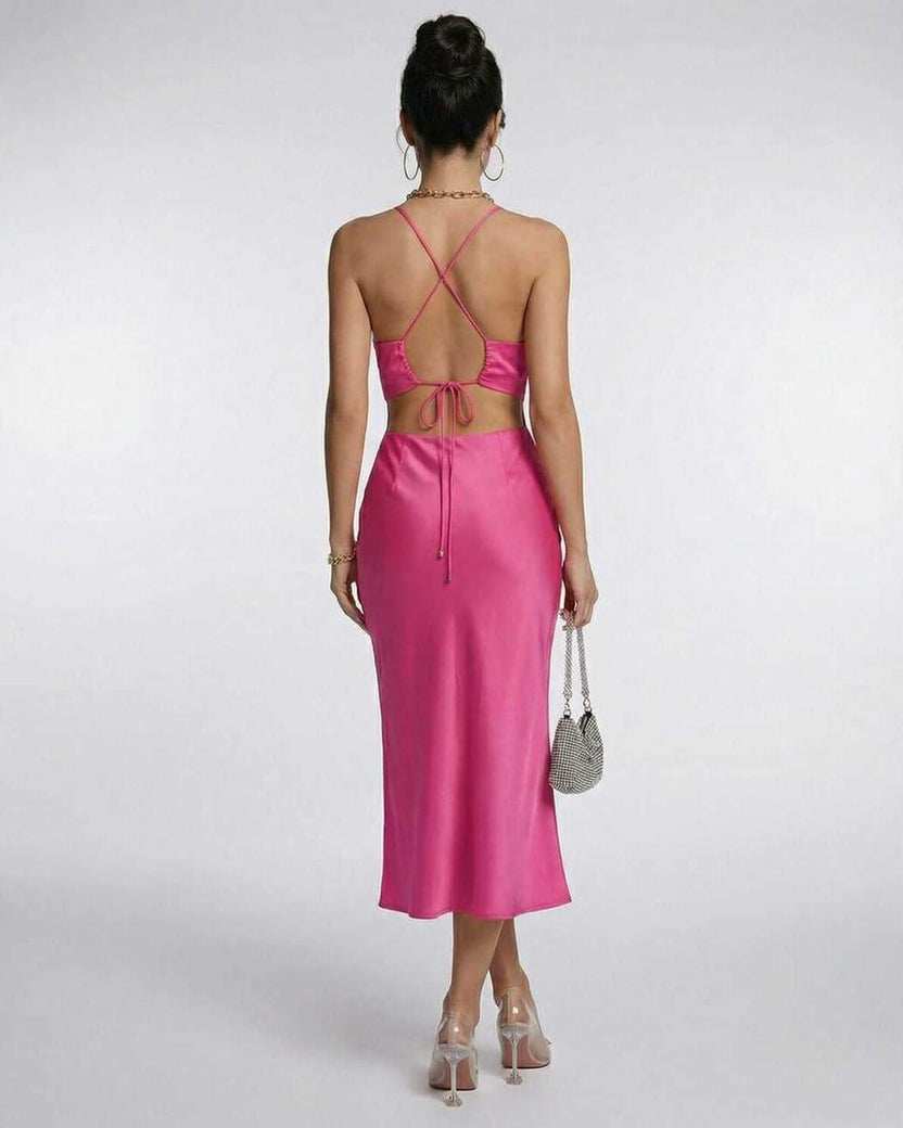 Celeste Midi Dress by Lauven - Elegant pink satin dress with a stylish cutout and criss-cross back design.