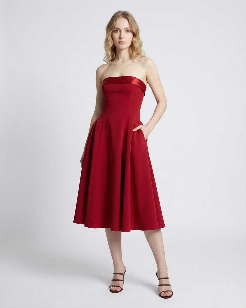 Celeste Midi Dress by Lauven - Strapless high-waist midi silhouette in red with pockets.