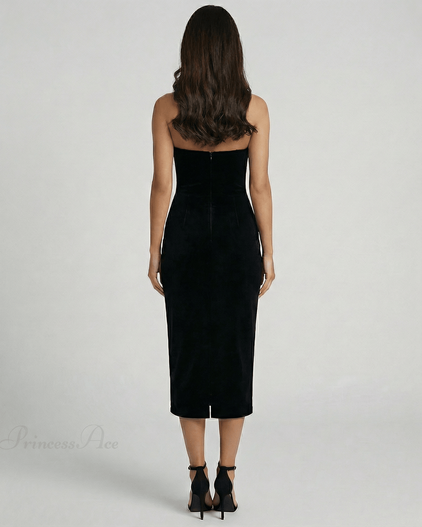Celeste Midi Dress by Lauven, showcasing a sleek strapless design in a black sheath style from the back view.