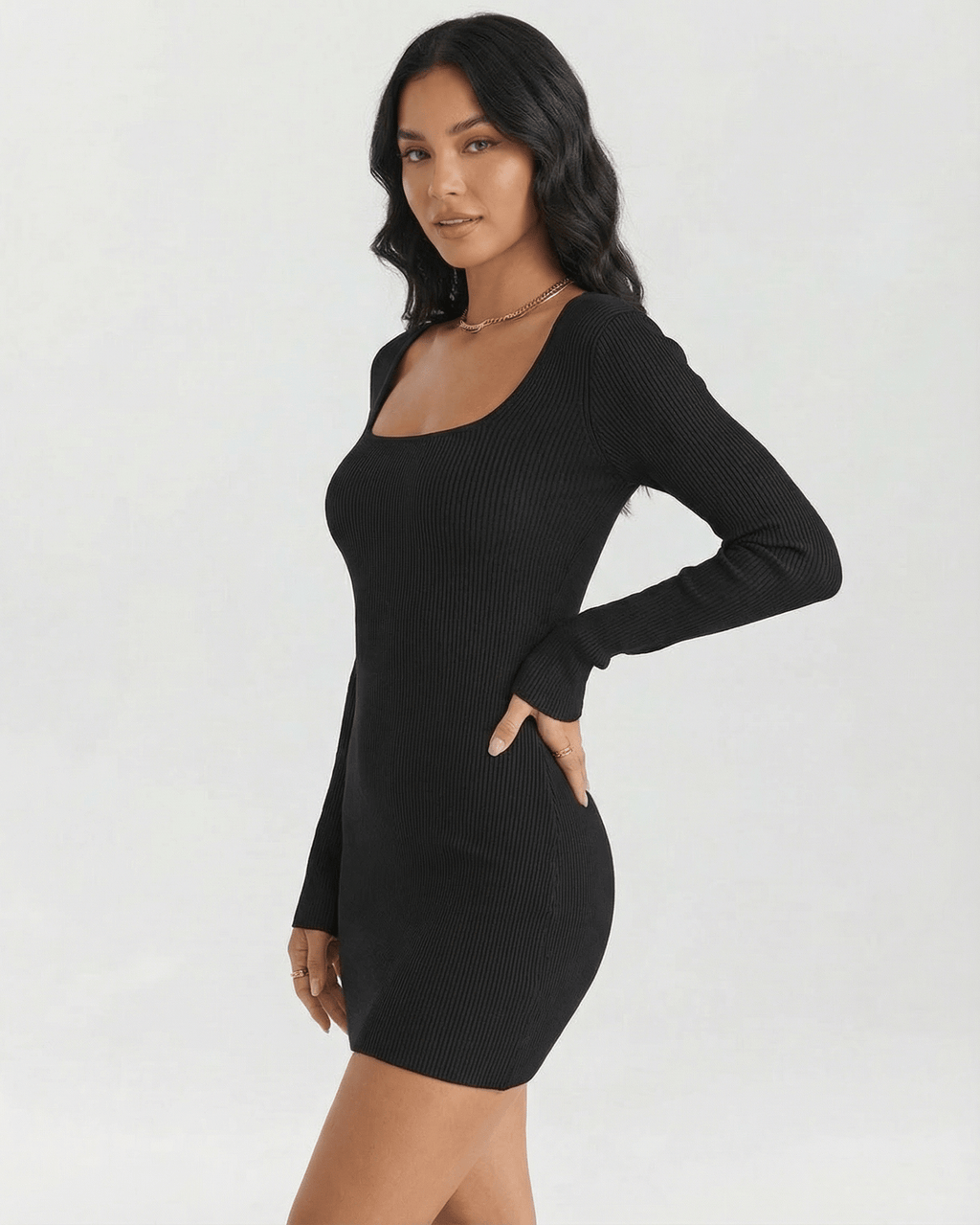 Celeste Mini Dress by Lauven, black ribbed long sleeve square neck mini dress styled elegantly.