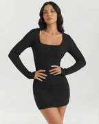 Celeste Mini Dress by Lauven, featuring a ribbed long sleeve design and a sleek square neckline.