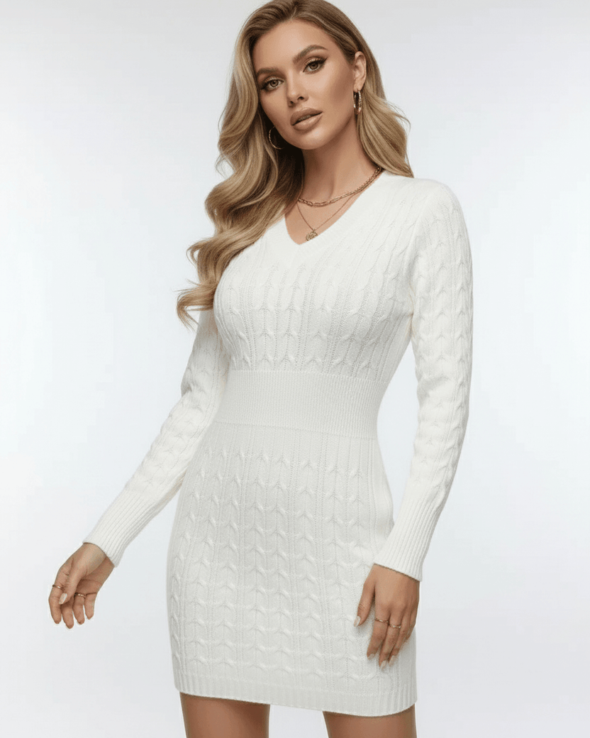 Celeste Mini Dress by Lauven, elegant cable knit V-neck long sleeve mini dress in ivory.