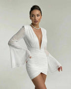 Celeste Mini Dress by Lauven, elegant V-neck sheath with dramatic sleeves in white fabric.