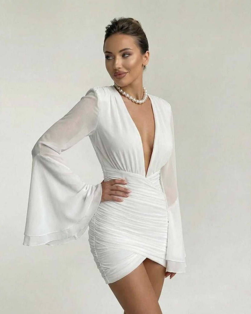 Celeste Mini Dress by Lauven in white with V-neck and sheer dramatic sleeves for a chic look.