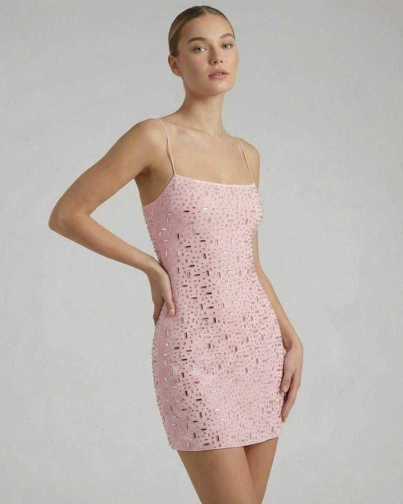 Celeste Mini Dress by Lauven featuring pink fabric with embellished rhinestones, ideal for a stylish look.